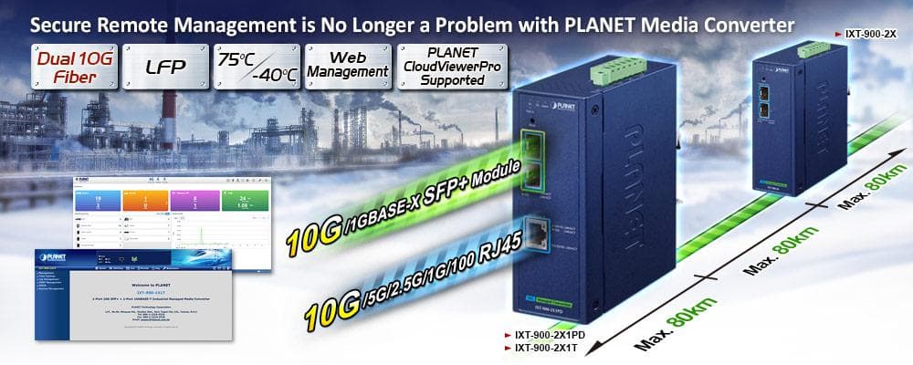 IXT-900-2X1PD — Industrial 2-Port 10GBASE-X SFP+ + 1-Port 10GBASE-T PoE PD Managed Media Converter, vista 4