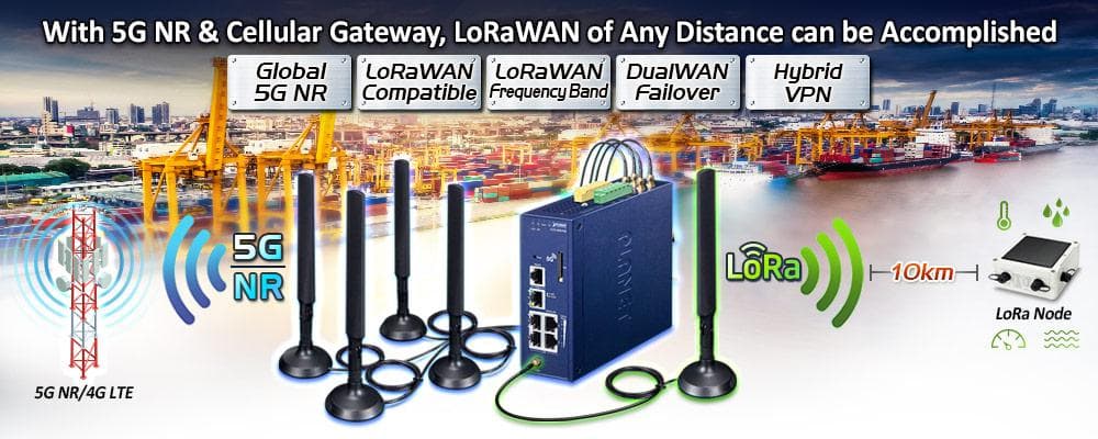 LCG-300-NR — Industrial LoRaWAN + 5G NR Cellular Gateway with 5-Port 10/100/1000T, vista 5