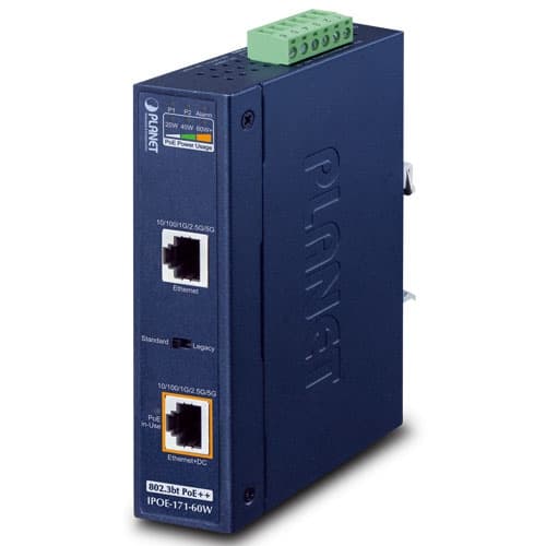 IPOE-171-60W — Industrial Single-Port Multi-Gigabit 802.3bt PoE++ Injector (60 Watts, -40~75 degrees C, 48~54VDC)