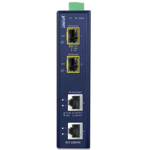 IGT-2205AT — Industrial 2-port 10/100/1000T to 2-port 100/1000/2500X SFP Media Converter, vista 2