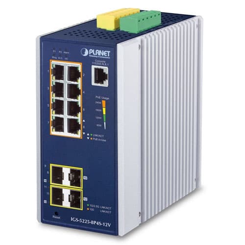 IGS-5225-8P4S-12V — Industrial L2+ 8-Port 10/100/1000T 802.3at PoE + 2-Port 100/1G SFP + 2-Port 100/1G/2.5G SFP Managed Ethernet Switch w/ 12V Booster