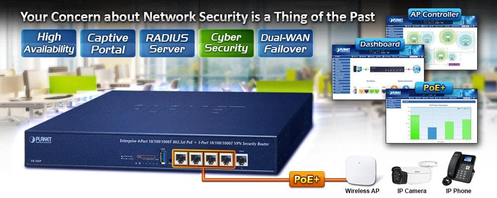VR-300P — Enterprise 4-Port 10/100/1000T 802.3at PoE + 1-Port 10/100/1000T VPN Security Router, vista 4