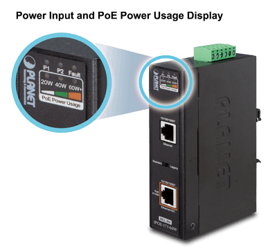 IPOE-171-60W — Industrial Single-Port Multi-Gigabit 802.3bt PoE++ Injector (60 Watts, -40~75 degrees C, 48~54VDC), vista 6