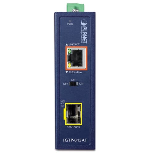 IGTP-815AT — Industrial Compact 100/1000BASE-X to 10/100/1000BASE-T 802.3at PoE+ Media Converter, vista 2