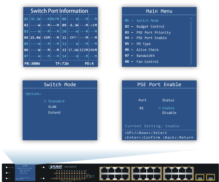 GSW-2620VHP — 24-Port 10/100/1000T 802.3at PoE + 2-Port Gigabit SFP Ethernet Switch with LCD PoE Monitor, vista 6