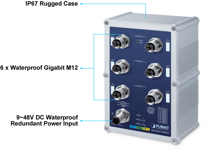 IGS-5227-6MT-X — Industrial IP67 Rated 6-Port 10/100/1000T M12 Managed Ethernet Switch(X-coded M12), vista 5