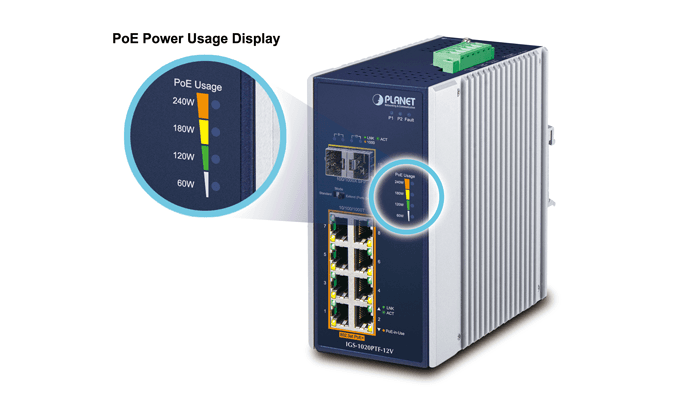 IGS-1020PTF-12V — Industrial 8-Port 10/100/1000T 802.3at PoE + 2-Port 100/1000X SFP Ethernet Switch w/ 12V Booster, vista 9