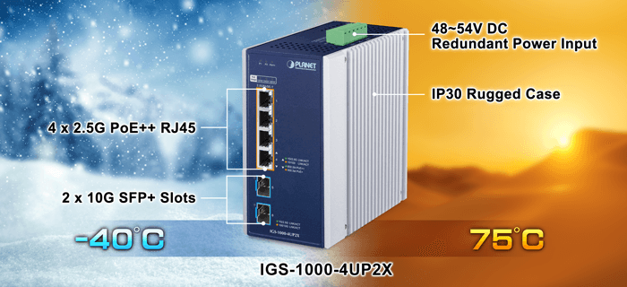IGS-1000-4UP2X — Industrial 4-Port 10/100/1000/2500T 802.3bt PoE + 2-Port 10G SFP+ Ethernet Switch, vista 5
