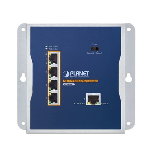 WGS-E304PT — Industrial 1-Port 10/100/1000T 802.3bt PoE++ to 4-Port 802.3at PoE+ Wall-mounted Extender, vista 2