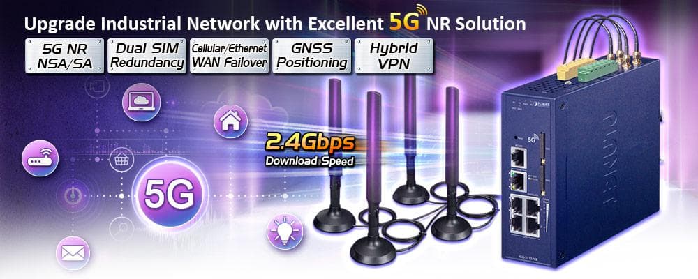 ICG-2515-NR — Industrial 5G NR Cellular Gateway with 5-Port 10/100/1000T, vista 5