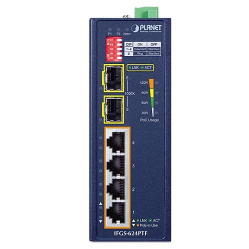 IFGS-624PTF — Industrial 4-Port 10/100TX 802.3at PoE + 2-Port 1000X SFP Ring Ethernet Switch, vista 2