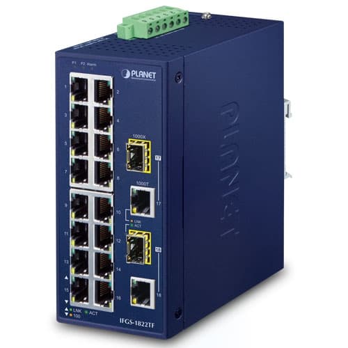 IFGS-1822TF — Industrial 16-Port 10/100TX + 2-Port Gigabit TP/SFP Combo Ethernet Switch