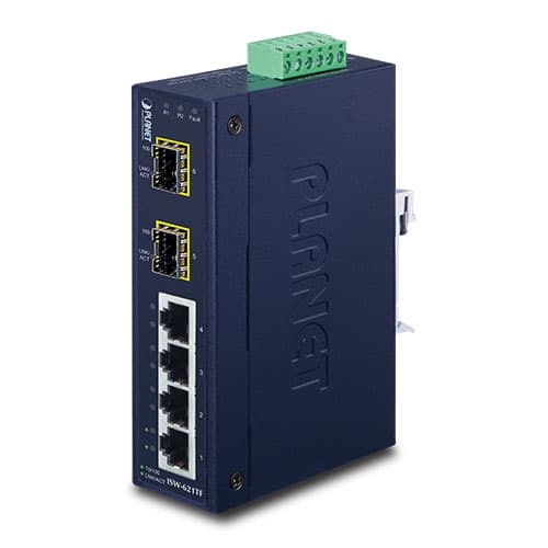ISW-621TF — 4-Port 10/100Base-TX + 2-Port 100Base-FX SFP Industrial Ethernet Switch with Wide Operating Temperature