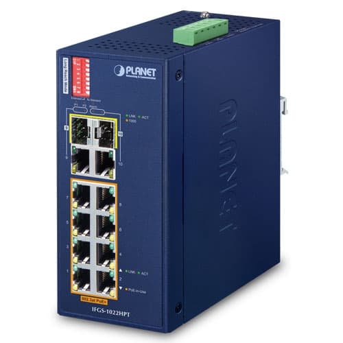 IFGS-1022HPT — Industrial 8-Port 10/100TX 802.3at PoE + 2-Port Gigabit TP/SFP Combo Ethernet Switch