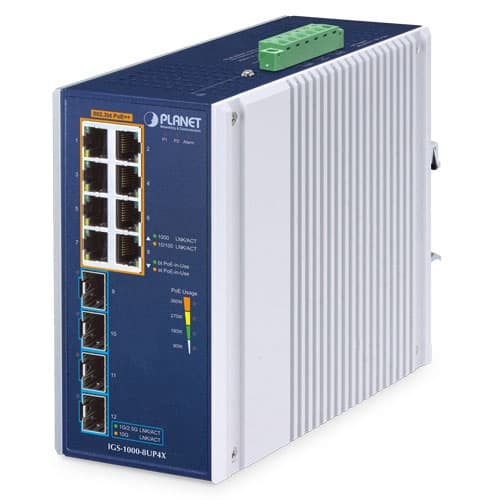 IGS-1000-8UP4X — Industrial 8-Port 10/100/1000T 802.3bt PoE + 4-Port 10G SFP+ Ethernet Switch