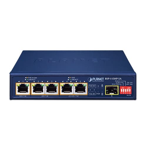 BSP-115HP-5A — 5-Port Hybrid PoE Solar PoE Switch with 1-Port 1000X SFP, vista 2
