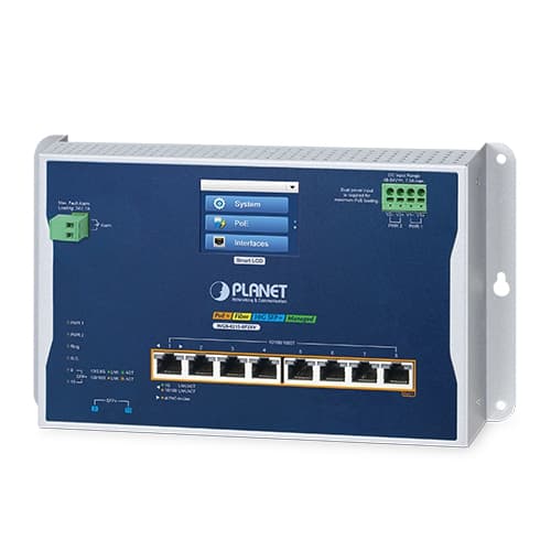 WGS-4215-8P2XV — Industrial L2+ 8-Port 10/100/1000T 802.3at PoE + 2-Port 10G SFP+ Wall-mount Managed Ethernet Switch with LCD Touch Screen