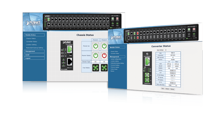 MC-1610MR / MC-1610MR48 — 16-Slot Managed Media Converter Chassis with Redundant Power Supply System, vista 8