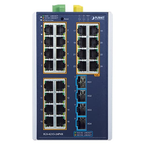 IGS-4215-24P4X — Industrial L2+ 24-Port 10/100/1000T 802.3at PoE + 4-Port 10G SFP+ Managed Ethernet Switch, vista 2