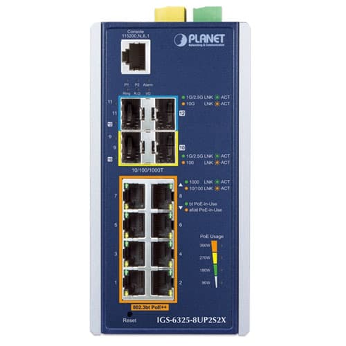 IGS-6325-8UP2S2X — Industrial L3 8-Port 10/100/1000T 802.3bt PoE + 2-Port 100/1000X SFP +
2-Port 10G SFP+ Managed Ethernet Switch, vista 2