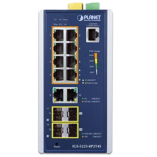 IGS-5225-8P2T4S — Industrial L2+ 8-Port 10/100/1000T 802.3at PoE + 2-Port 10/100/1000T + 2-Port 100/1G SFP + 2-Port 100/1G/2.5G SFP Managed Ethernet Switch, vista 2