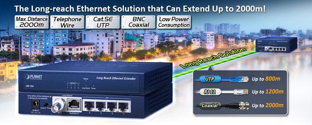 LRE-104 — 4-Port 10/100TX + 1-Port UTP/BNC Long Reach Ethernet Extender, vista 4