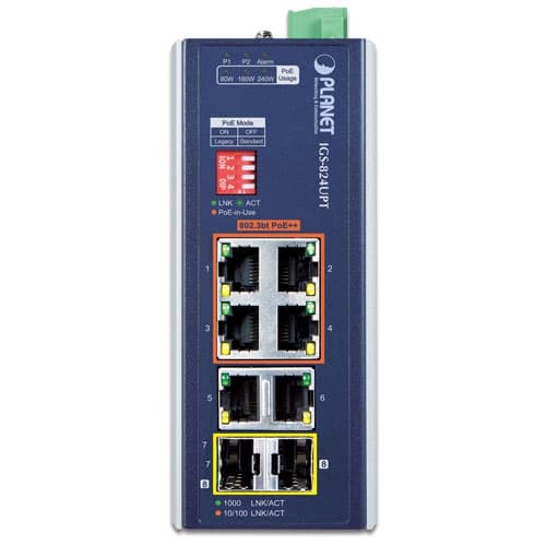 IGS-824UPT — Industrial 4-Port 10/100/1000T 802.3bt PoE + 2-Port 10/100/1000T + 2-Port 100/1000X SFP Gigabit Ethernet Switch, vista 2