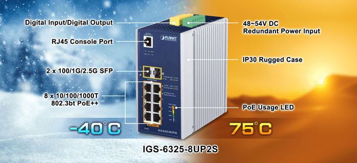 IGS-6325-8UP2S — Industrial L3 8-Port 10/100/1000T 802.3bt PoE + 2-Port 100/1000X SFP Managed Ethernet Switch, vista 4