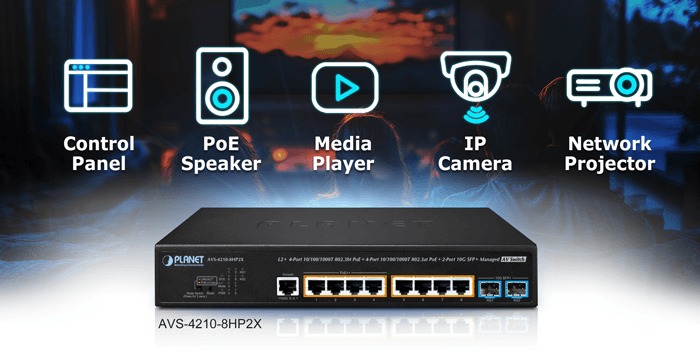 AVS-4210-8HP2X — L2+ 4-Port 10/100/1000T 802.3bt PoE + 4-Port 10/100/1000T 802.3at PoE + 2-Port 10G SFP+ Managed AV Switch, vista 5
