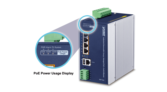BSP-360 — Industrial Renewable Power 5-Port Gigabit Managed Switch/Router with 4-Port 802.3at PoE+, vista 10