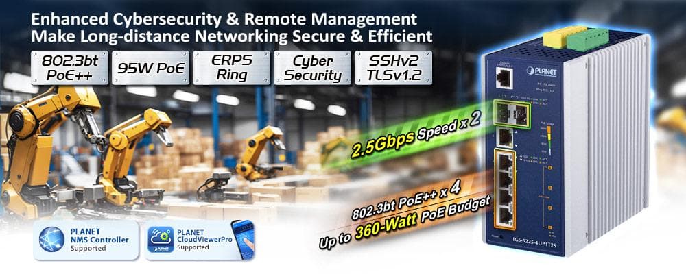 IGS-5225-4UP1T2S — Industrial L2+ 4-Port 10/100/1000T 802.3bt PoE + 1-Port 10/100/1000T + 2-Port 1G/2.5G SFP Managed Ethernet Switch, vista 4