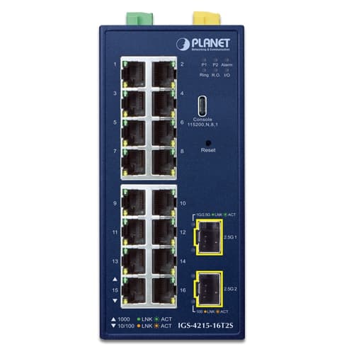 IGS-4215-16T2S — Industrial L2/L4 16-Port 10/100/1000T + 2-Port 1G/2.5G SFP Managed Switch, vista 2