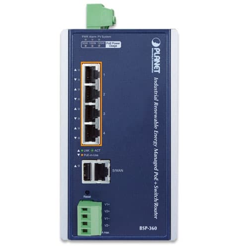 BSP-360 — Industrial Renewable Power 5-Port Gigabit Managed Switch/Router with 4-Port 802.3at PoE+, vista 2