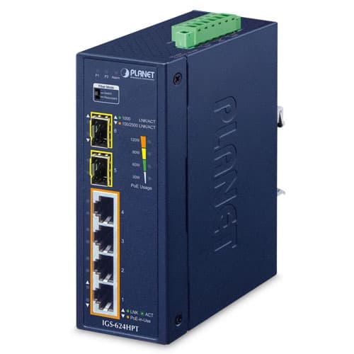 IGS-624HPT — Industrial 4-Port 10/100/1000T 802.3at PoE + 2-Port 100/1000/2500X SFP Ethernet Switch