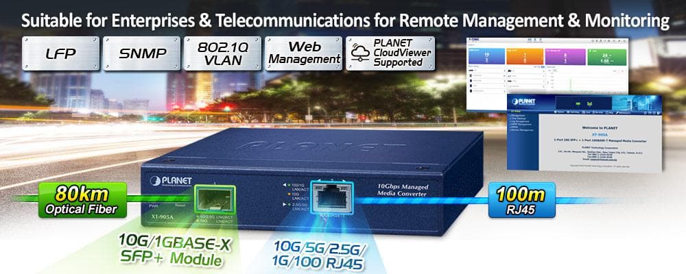 XT-905A — 1-Port 10G/5G/2.5G/1G/100BASE-T + 1-Port 10G/2.5G/1G/100BASE-X SFP+ Managed Media Converter, vista 4