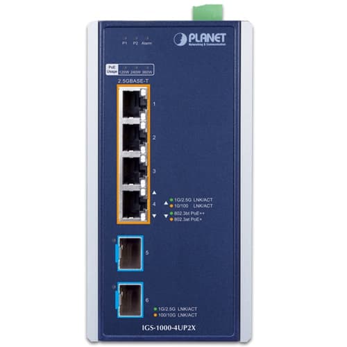 IGS-1000-4UP2X — Industrial 4-Port 10/100/1000/2500T 802.3bt PoE + 2-Port 10G SFP+ Ethernet Switch, vista 2
