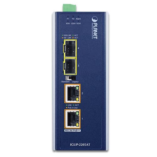 IGUP-2205AT — Industrial 2-Port 100/1000X SFP to 2-Port 10/100/1000T 802.3bt PoE++ Media Converter, vista 2