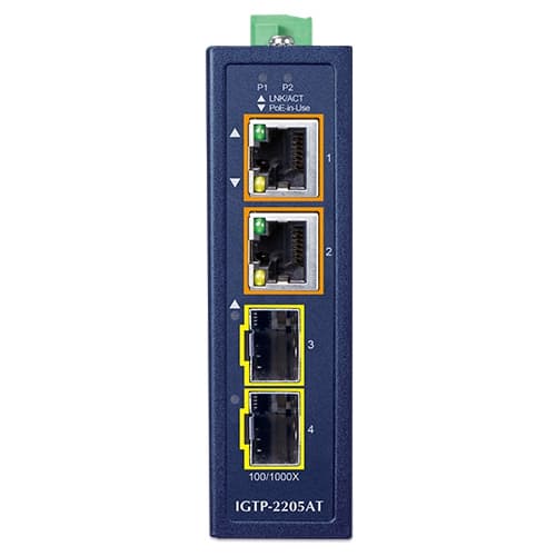IGTP-2205AT — Compact Industrial 2-Port 100/1000X SFP to 2-Port 10/100/1000T 802.3at PoE+
Media Converter, vista 2