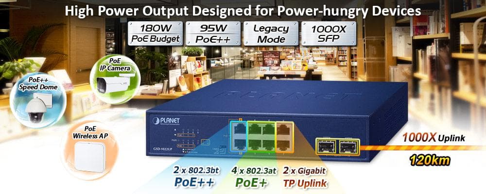 GSD-1022UP — 2-Port 10/100/1000T 802.3bt PoE + 4-Port 10/100/1000T 802.3at PoE + 2-Port 10/100/1000T + 2-Port 1000X SFP Desktop Switch, vista 4