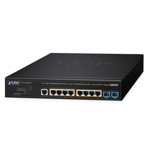 AVS-4210-8HP2X — L2+ 4-Port 10/100/1000T 802.3bt PoE + 4-Port 10/100/1000T 802.3at PoE + 2-Port 10G SFP+ Managed AV Switch
