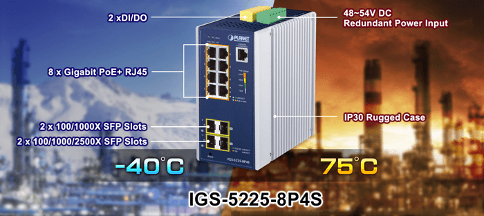 IGS-5225-8P4S — Industrial L2+8-Port 10/100/1000T 802.3at PoE + 2-Port 100/1G SFP + 2-Port 100/1G/2.5G SFP Managed Ethernet Switch, vista 4
