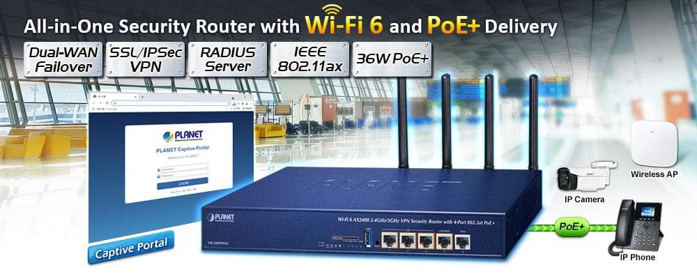 VR-300PW6A — Wi-Fi 6 AX2400 2.4GHz/5GHz VPN Security Router with 4-Port 802.3at PoE+, vista 4