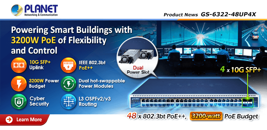 GS-6322-48UP4X — L3 48-Port 10/100/1000T 802.3bt PoE + 4-Port 10G SFP+ Managed Switch with dual modular power supply slots, vista 9