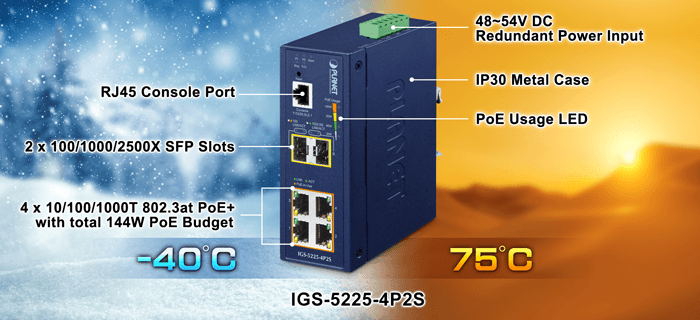 IGS-5225-4P2S — Industrial L2+ 4-Port 10/100/1000T 802.3at PoE + 2-Port 1G/2.5G SFP Managed Ethernet Switch, vista 4