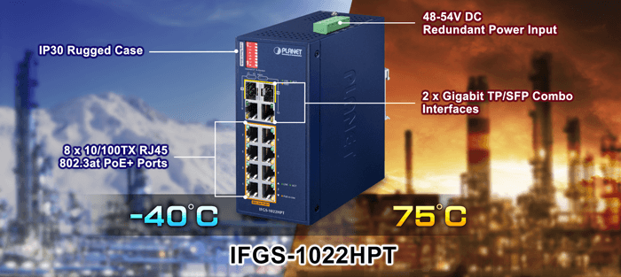 IFGS-1022HPT — Industrial 8-Port 10/100TX 802.3at PoE + 2-Port Gigabit TP/SFP Combo Ethernet Switch, vista 4