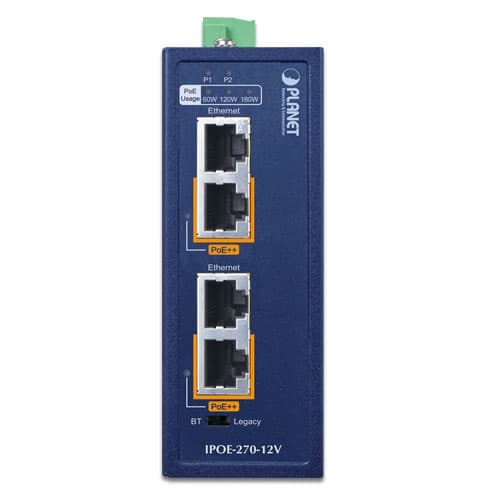 IPOE-270 / IPOE-270-12V — Industrial 2-port Multi-Gigabit 802.3bt PoE++ Injector Hub, vista 2