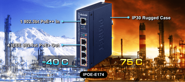 IPOE-E174 — Industrial 1-Port 802.3bt PoE++ to 4-Port 802.3af/at Gigabit PoE Extender, vista 5