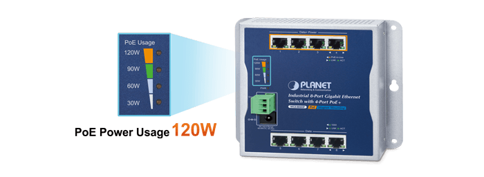 WGS-804HP — Industrial 8-Port 10/100/1000T Wall-mounted Gigabit Ethernet Switch with 4-Port PoE+, vista 6