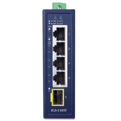 IGS-510TF — Industrial Compact 4-Port 10/100/1000T + 1-Port 100/1000X SFP Gigabit Ethernet Switch, vista 2