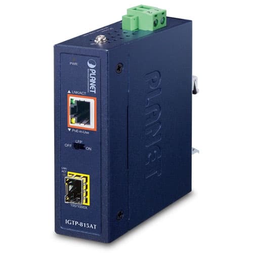 IGTP-815AT — Industrial Compact 100/1000BASE-X to 10/100/1000BASE-T 802.3at PoE+ Media Converter